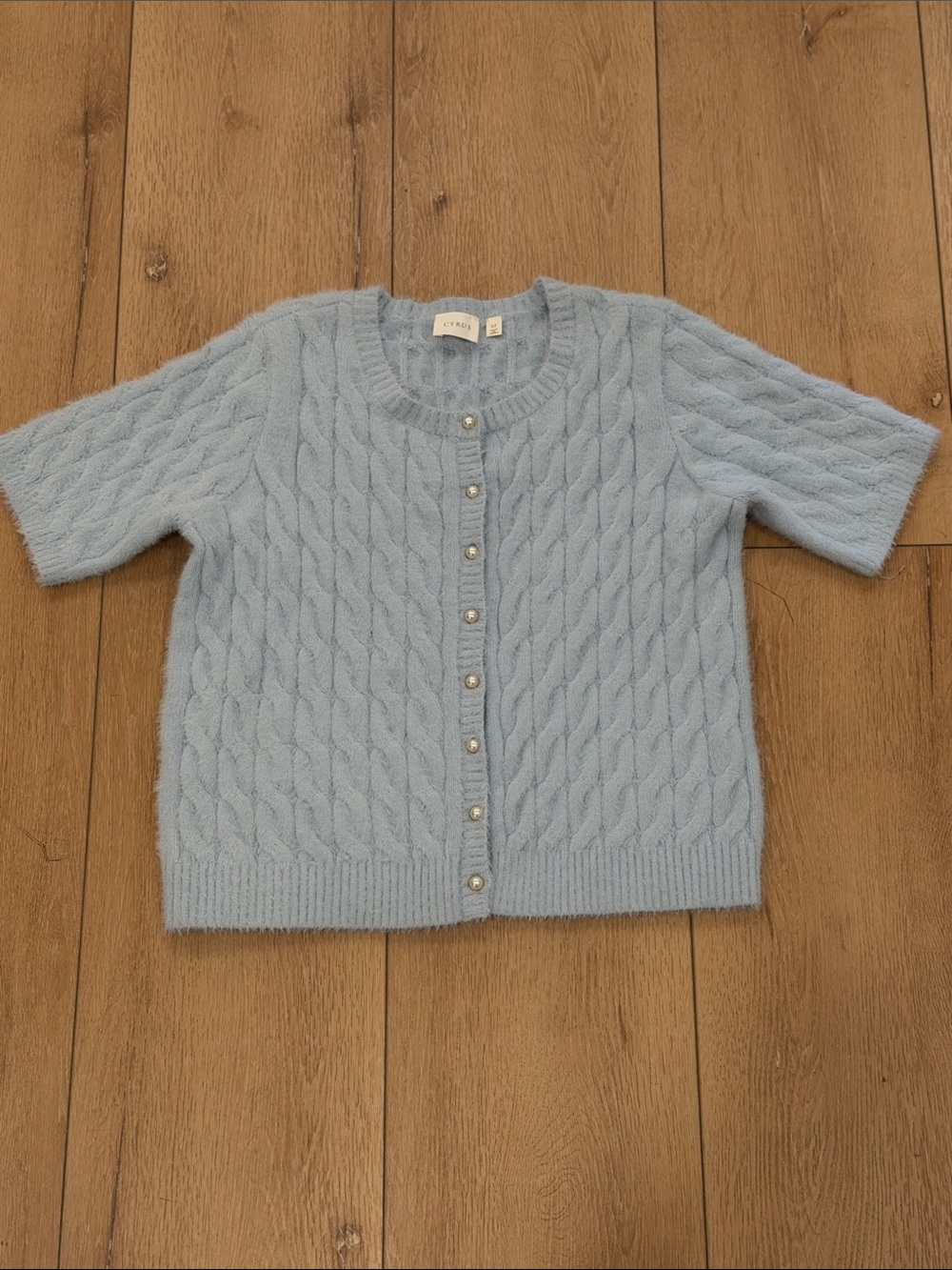 Cable-Knit Short Sleeve Cardigan - Light Blue
